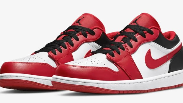 View red, black, and white Jordan shoes.